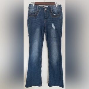 Y2K l.e.i. Style Ashley Low-Rise Flare Jeans Size 9 Regular Distressed‎ Denim